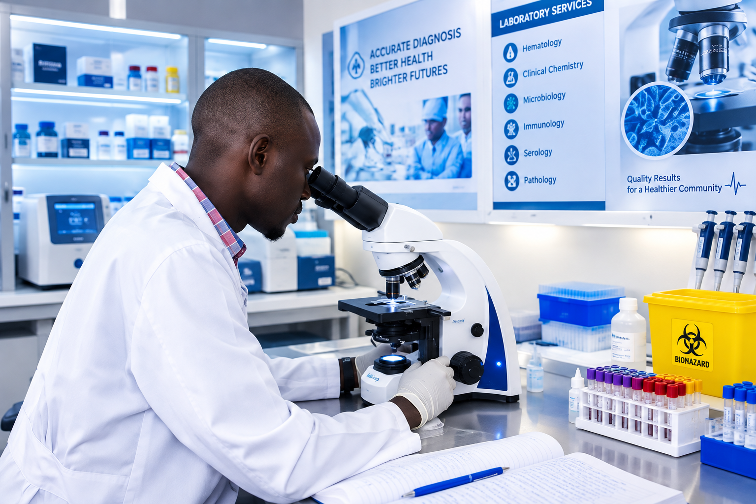 Laboratory scientist examining samples through a microscope