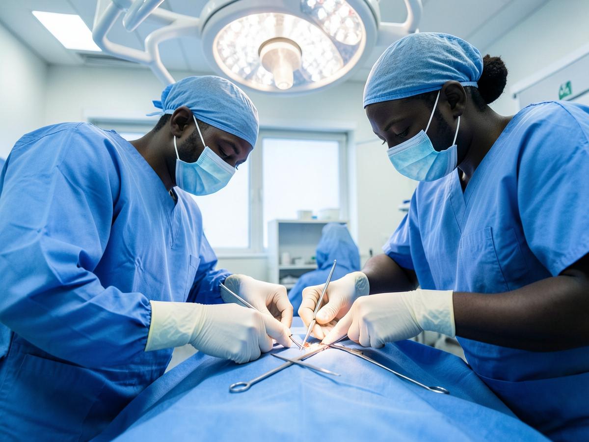 Black surgical team performing a major operation in theatre