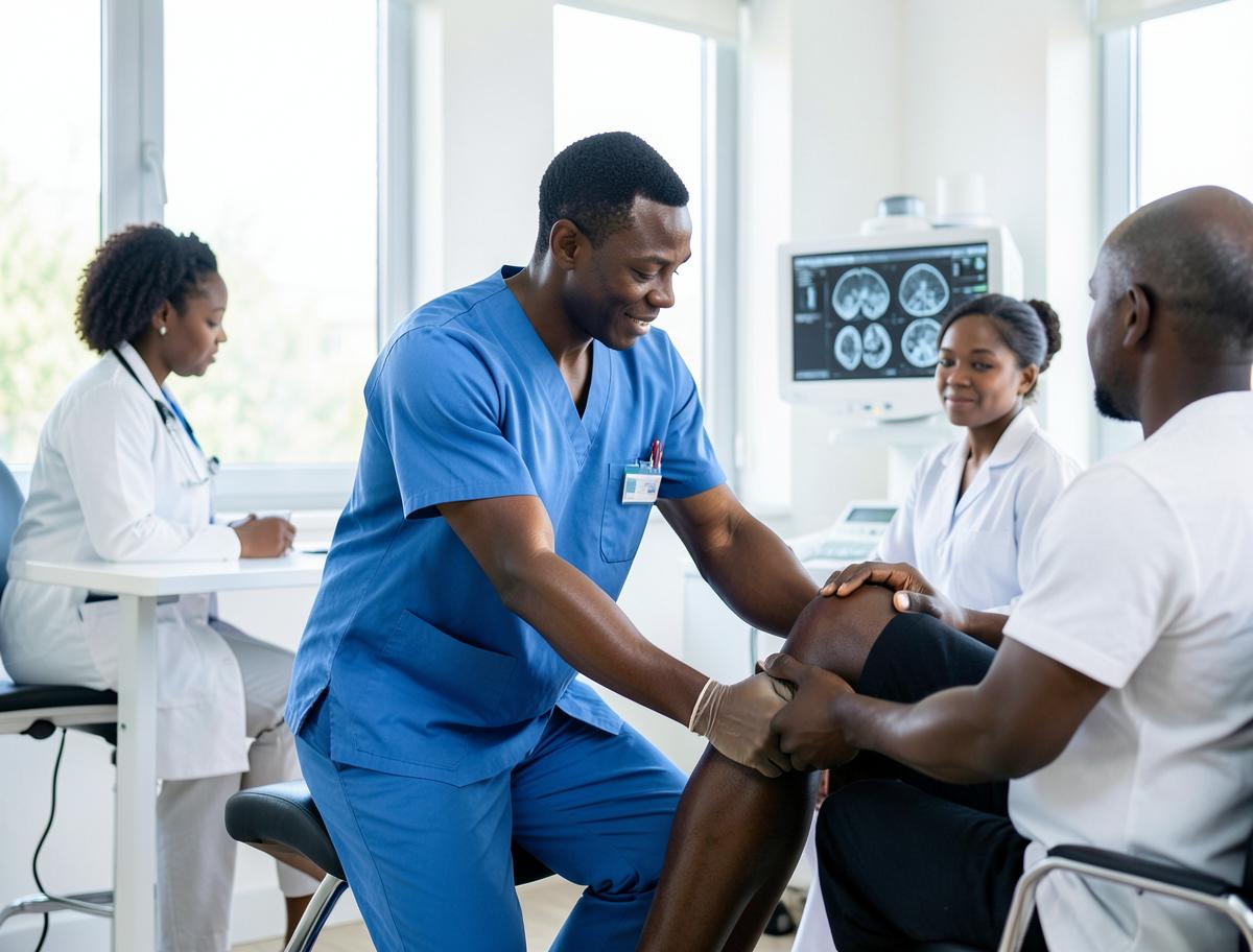 Black orthopaedic surgeon examining a patient's knee