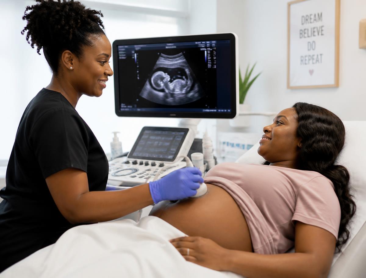Sonographer performing an ultrasound scan on a pregnant woman