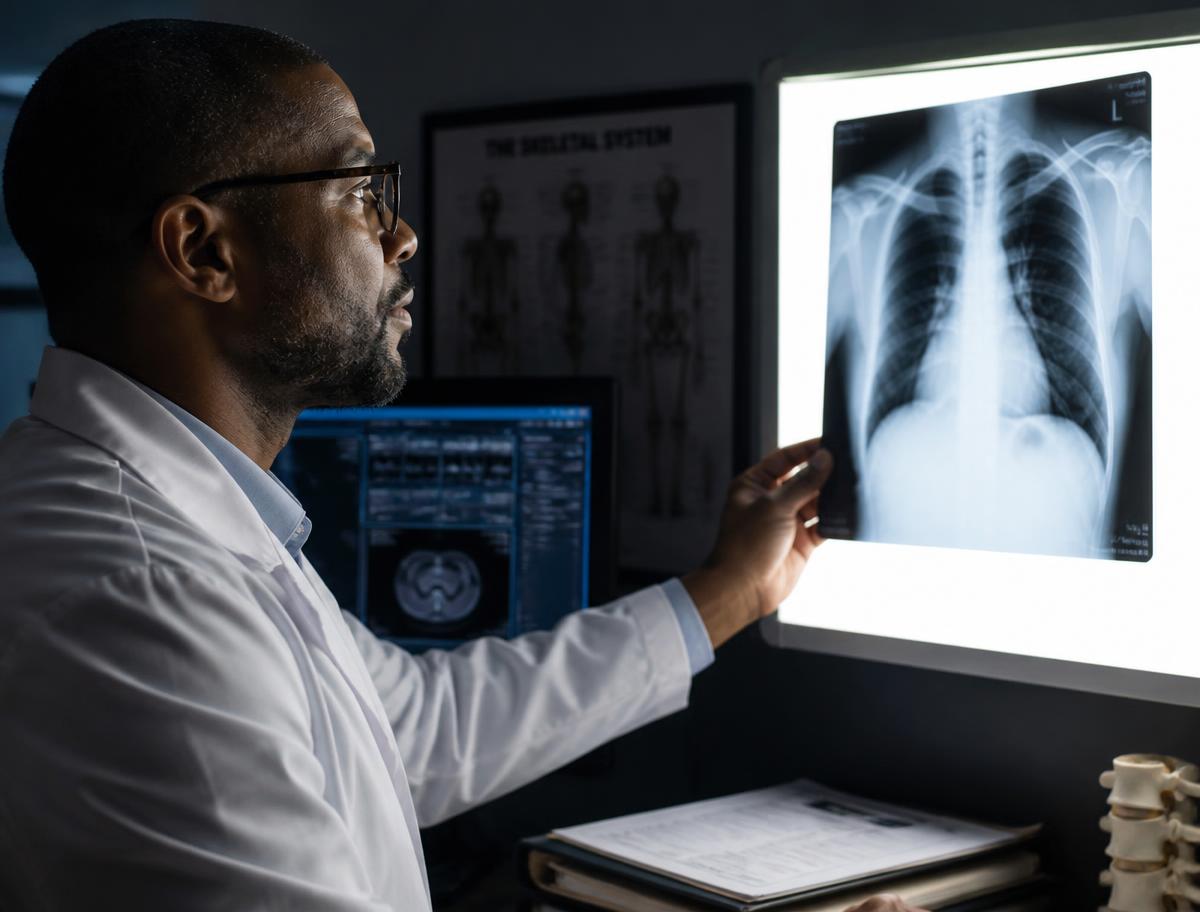 Radiologist reviewing a chest X-ray